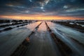 Flysch rocks in barrika beach at sunset Royalty Free Stock Photo