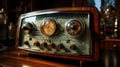 The FM channel is playing music, a stylish retro radio player stands on a wooden table