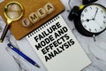 FMEA Failure Mode and Effects Analysis text written on notepad with calculator and magnifying glass on marble background Royalty Free Stock Photo