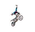 FMX biker doing stripper trick on white background Royalty Free Stock Photo