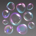 Foam bubbles. Realistic flying soap balls with rainbow reflections. 3D shampoo transparent glass spheres. Froth elements. Laundry Royalty Free Stock Photo