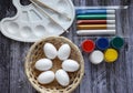 Foam eggs for creativity with paints. Idea for creativity, coloring and decorating eggs for Easter. For children`s clubs