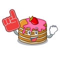 Foam finger pancake with strawberry mascot cartoon