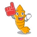 Foam finger steamed fresh raw shrimp on mascot cartoon