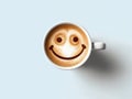 Foam form of smile face in cup of cappuccino coffee on blue pastel background. Generative AI. Royalty Free Stock Photo