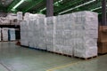 Foam keep of warehouse. Rows of shelves with boxes