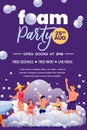 Foam party in beach club, poster banner invitation design template. People dance on night disco. Vector illustration Royalty Free Stock Photo