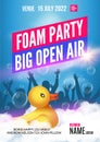 Foam Party summer Open Air. Foam party poster or flyer design template with people silhouettes and duckling toy