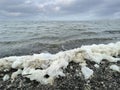Foam on the seashore in the bay of Akhlestyshev in autumn in cloudy weather. Russia, Vladivostok city, Russian Island, Saperny Pen