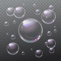 Foam set, flying soap bubbles transparent backdrop Royalty Free Stock Photo