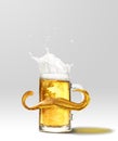 Foam splashes from full mug of frothy light lager beer isolated over light background. Concept of alcohol, oktoberfest