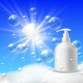 Foaming wash brand. Clean bubble foam for bathroom and clinic antibacterial hygiene cosmetic vector advertising label Royalty Free Stock Photo