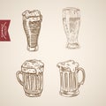 Foamy beer glasses engraving lineart vector retro vintage