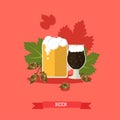 Foamy beer on hops leaves background, vector illustration.