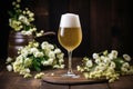 foamy beer poured in a glass on a background of collected biological humulus lupulus