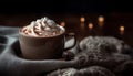 Foamy hot chocolate warms rustic autumn evenings generated by AI