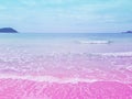 Foamy Rippled Clear Sea Wave Rolling to Pink Sand Shore Turquoise Blue Water. Beautiful Tranquil Idyllic Scenery. A cotton candy Royalty Free Stock Photo