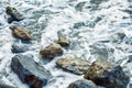 Foamy sea waves on large rocks on the shore. Close-up. Background. Space for text Royalty Free Stock Photo