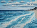 Foamy sea waves roll ashore against the blue sky. Watercolor, impressionism.