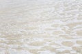 Foamy surface of a sea wave on a sandy beach. Close-up. Background. Space for text