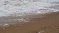 Foamy waves crash sandy beach, dynamic seascape scene. Ocean turbulence, storm surge footage, climate docs. Coastal