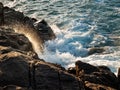 Foamy waves of sea hitting the big rocks on the shore during the daytime Royalty Free Stock Photo