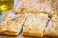 Focaccia bread with oregano and olive oil.Fresh italian foccacia bread closeup Royalty Free Stock Photo