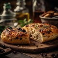 Focaccia Bread On Stone In Rustic Pub. Generative AI Royalty Free Stock Photo