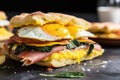 a focaccia breakfast sandwich with prosciutto and eggs Royalty Free Stock Photo