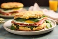 a focaccia breakfast sandwich with prosciutto and eggs Royalty Free Stock Photo