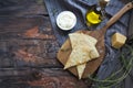 Focaccia with olive oil, parmesan cheese, white sause and rosemary Royalty Free Stock Photo