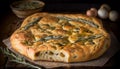 Focaccia, a traditional Italian flatbread. Close up of tasty bread with fresh herbs. Breakfast or dinner arrangemen.