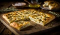 Focaccia, a traditional Italian flatbread. Close up of tasty bread with fresh herbs. Breakfast or dinner arrangemen.