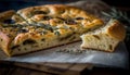 Focaccia, a traditional Italian flatbread. Close up of tasty bread with fresh herbs. Breakfast or dinner arrangemen. Royalty Free Stock Photo