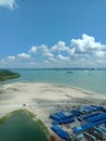 focas  of sky and beach view boat and trees Royalty Free Stock Photo