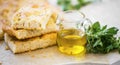 Foccacia bread with oregano herb and olive oil.Fresh italian foccacia bread closeup Royalty Free Stock Photo