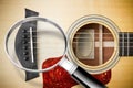 Focus on the acoustic guitar wooden bridge - concept with image seen through a magnifying glass