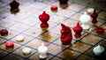 Focus at Agressive Red Horse figure, Thai Chess on Wood Board, T