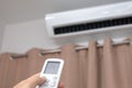 Focus ahead.Air condition control by using remote control and turn on the air conditioner at 25 degrees Royalty Free Stock Photo