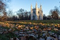 Focus on autumn leaves in the park, against the backdrop of the church in the Gothic style. View from below Royalty Free Stock Photo