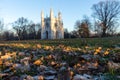 Focus on autumn leaves in the park, against the backdrop of the church in the Gothic style. View from below Royalty Free Stock Photo