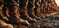 Focus on boots of hundreds of soldiers standing in line at attention and at the ready. Depth of field