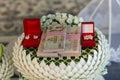 Focus bride price in Thai wedding ceremony, gold necklace, thai banknote and wedding rings.