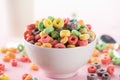 Focus of bright multicolored breakfast cereal in bowl Royalty Free Stock Photo