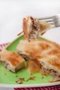 Focus on a burek on the fork with burek in the background Royalty Free Stock Photo