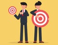 Focus on business target, setting goal for motivation. two business people holding archer target or dashboard pointing at bullseye
