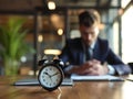 Focus on clock on table with busy young businessman in formal wear, time management concept Royalty Free Stock Photo