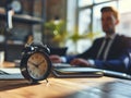 Focus on clock on table with busy young businessman in formal wear, time management concept Royalty Free Stock Photo