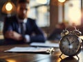 Focus on clock on table with busy young businessman in formal wear, time management concept Royalty Free Stock Photo