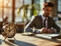 Focus on clock on table with busy young businessman in formal wear, time management concept Royalty Free Stock Photo